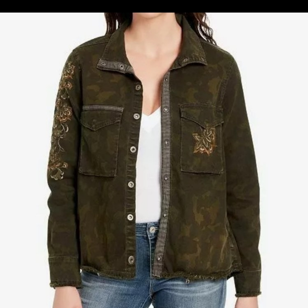 Vintage America Blues Green Camo & Embroidered Floral Jean Jacket